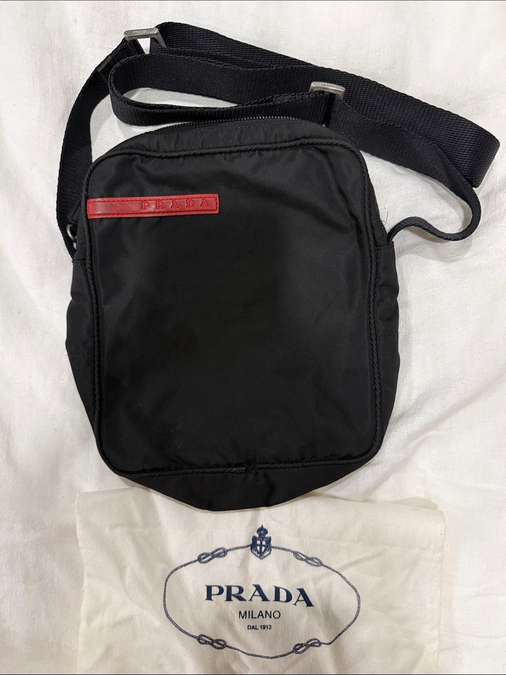 Prada Black Nylon Messenger Bag with Red Accent